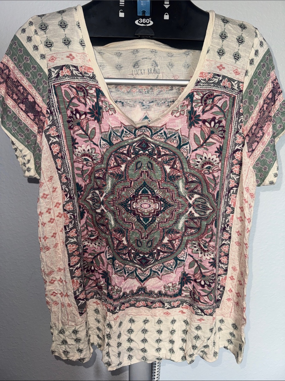 Lucky Brand Cream V-Neck Tee with Pink & Green Medallion Print